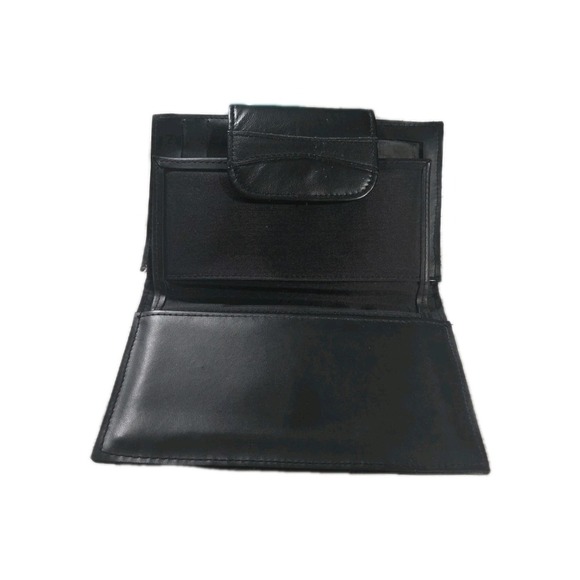 Vintage Black Leather Wallet Clutch Kiss Clasp - Picture 5 of 6